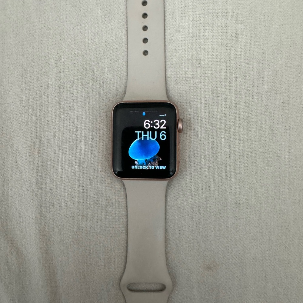 Apple Watch Series 3, 42mm, comes with charger, rose gold.